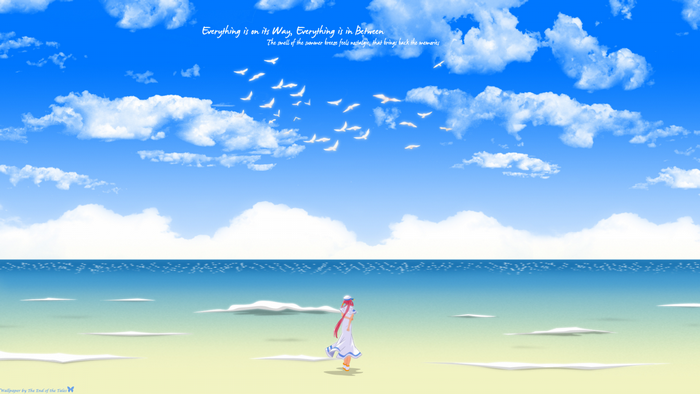 Anime girl on a beach with birds and clouds