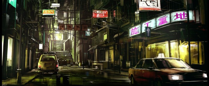 Cyberpunk alleyway with cars and neon signs