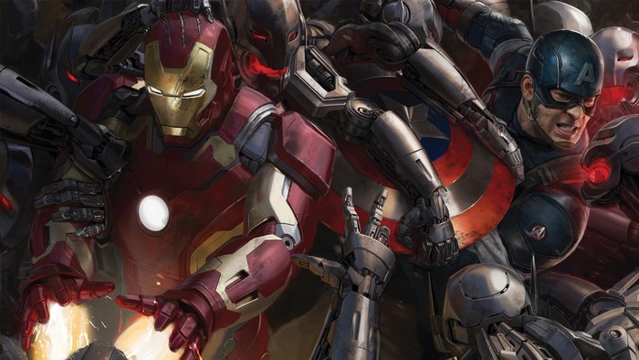 Iron Man and Captain America fighting Ultron bots