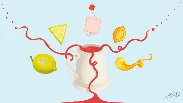 Illustration of a mug with red liquid and surrounding ingredients
