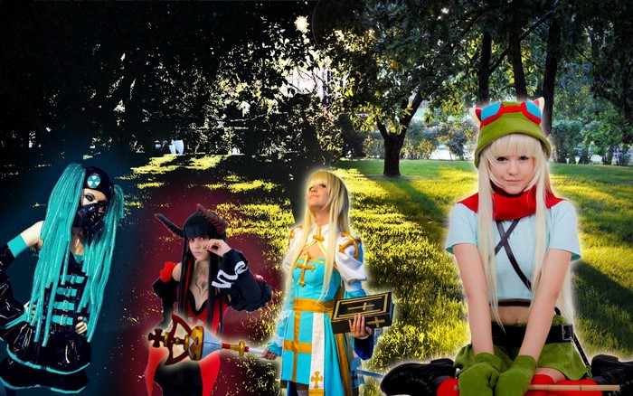 Four women in cosplay in a park