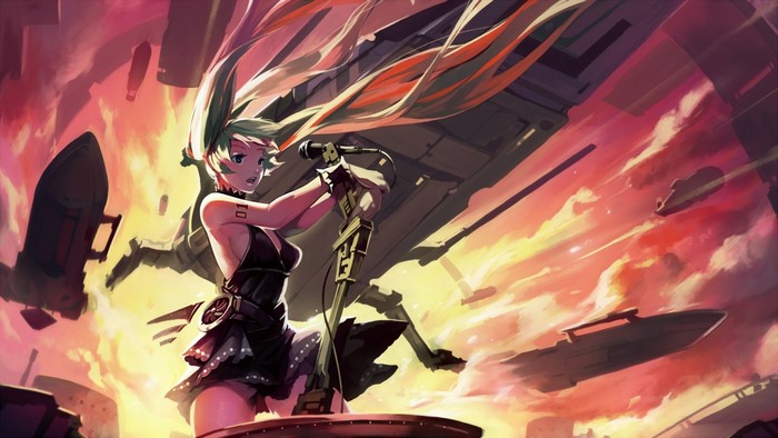 Hatsune Miku from Vocaloid with mecha in a fiery sky