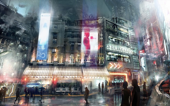 Futuristic Cityscape with Advertisements and Pedestrians