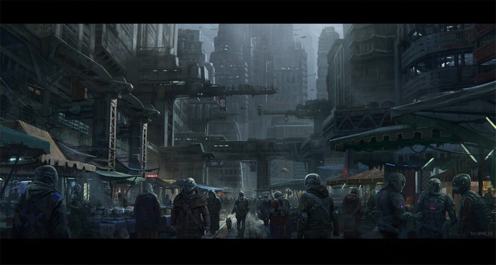 Futuristic marketplace with people and tall buildings