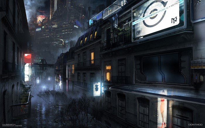 Futuristic city street at night with neon lights