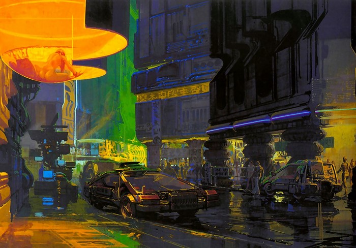 Syd Mead's futuristic cityscape at night