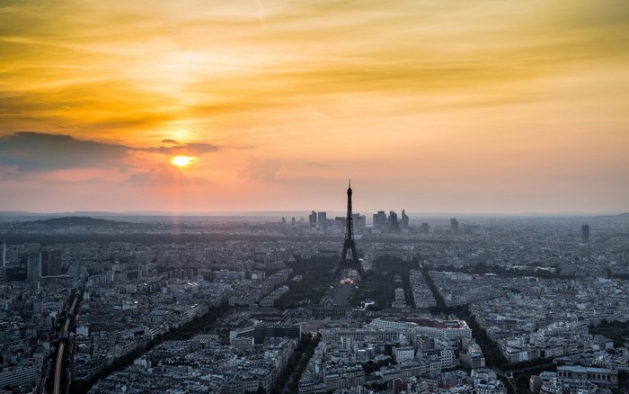 Eiffel Tower and Paris skyline at sunset