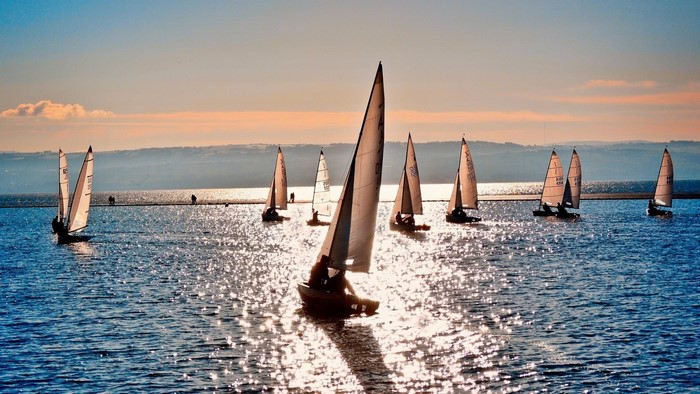 Sailboats racing on the sea at sunset