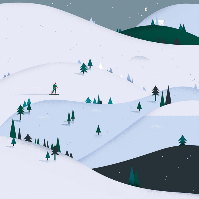 Winter landscape with skier and polar bear 4K