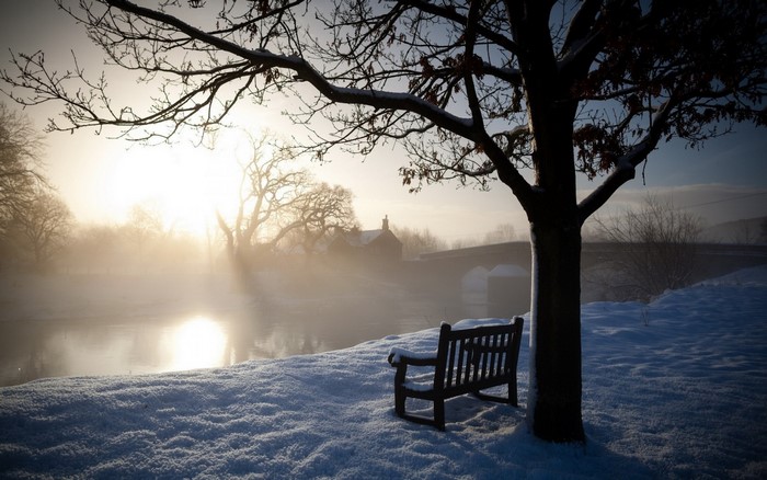 Winter sunrise over a misty river with a bench