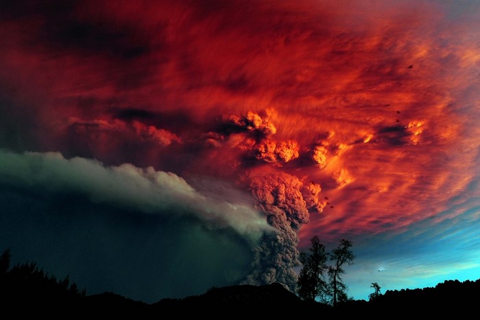 Volcanic eruption in Chile with red sky