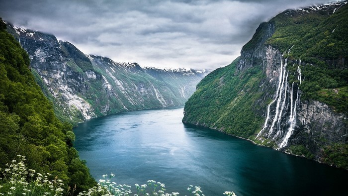 Majestic Fjord with Waterfalls and Mountains