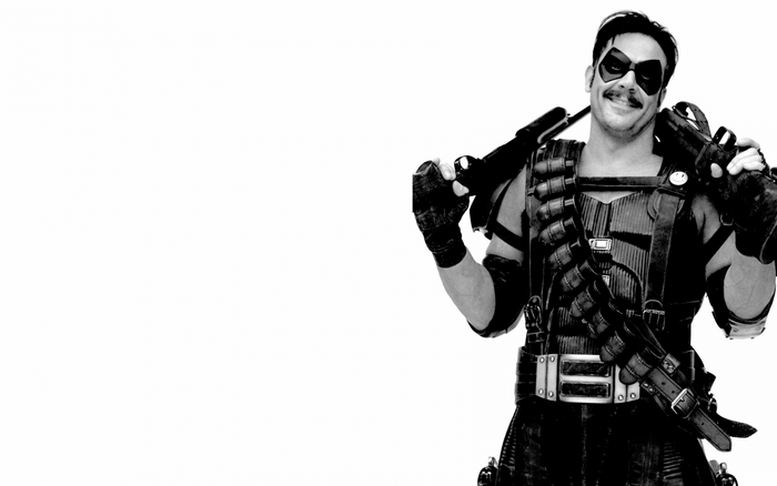 The Comedian from Watchmen holding guns