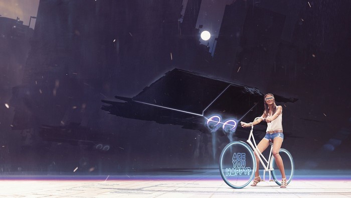 Woman on futuristic bicycle with spaceship in background