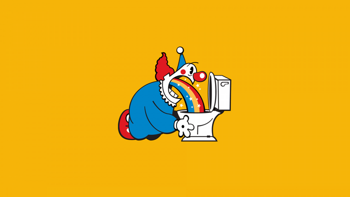 Clown vomiting rainbow into a toilet