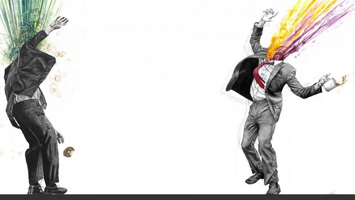 Artwork of two men in suits with exploding heads