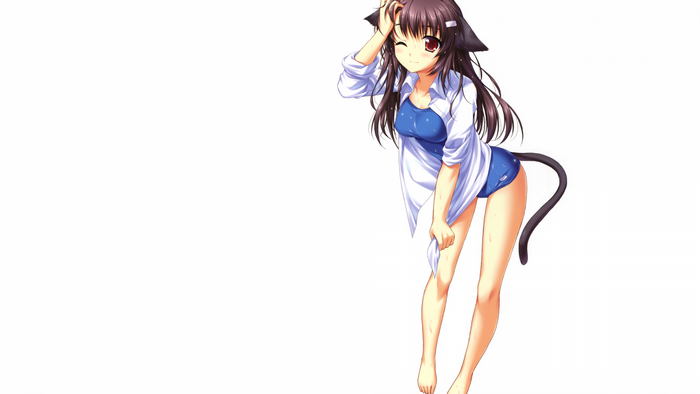 Anime cat girl in school swimsuit and white shirt