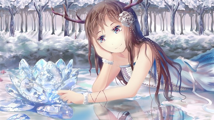 Anime girl with antlers and crystal lotus