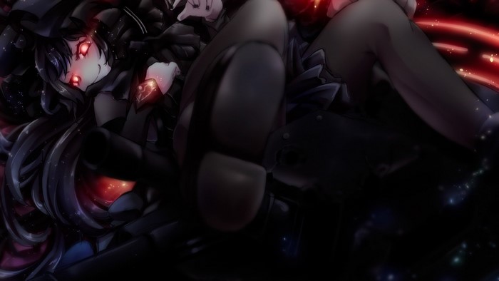 Anime girl with red eyes in dark attire