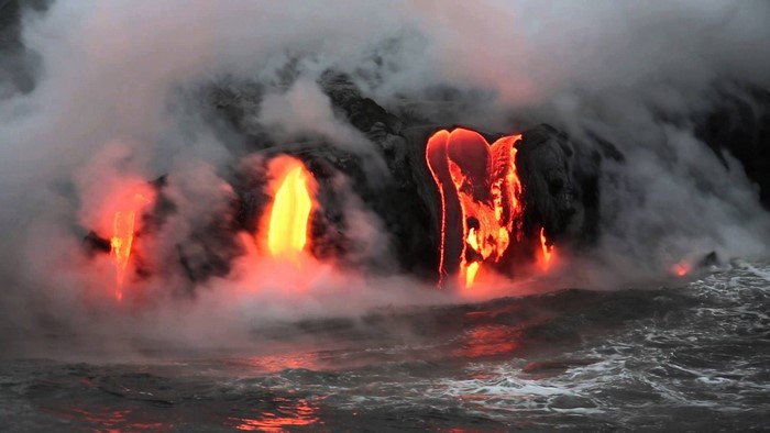 Lava flowing into the ocean in Hawaii