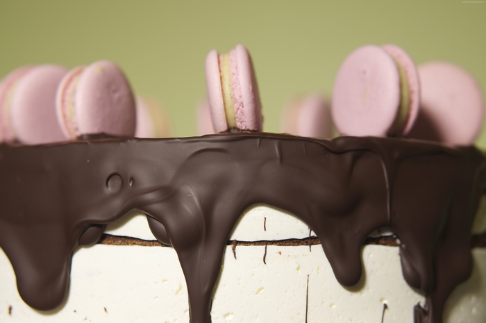 Chocolate Drip Cake with Pink Macarons