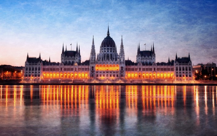 Budapest Parliament Building at Dusk with River Reflection