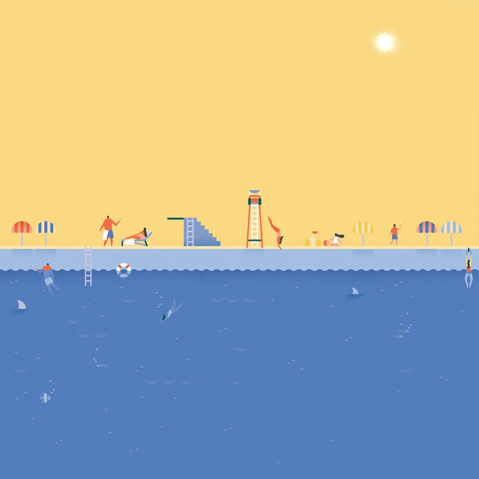 People at a swimming pool with diving board and lifeguard tower