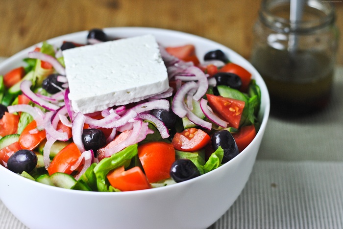 Greek salad with feta, olives, tomatoes, and cucumbers