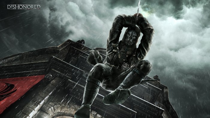 Corvo Attano from Dishonored hanging from a building