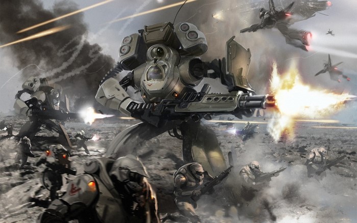 Futuristic soldiers and mechs in a war-torn landscape