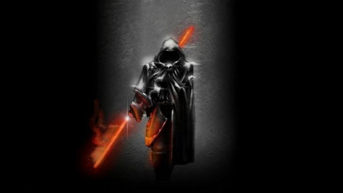 Grim Reaper with fiery sword in darkness