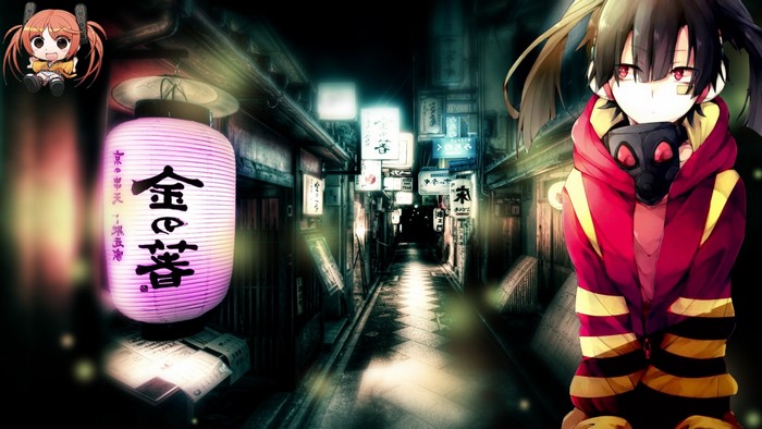 Anime girl with gas mask in alleyway