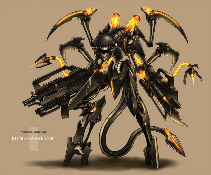 Blind Harvester machine creature with weapons