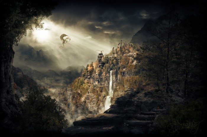Dragon flying over a waterfall in a misty mountain landscape
