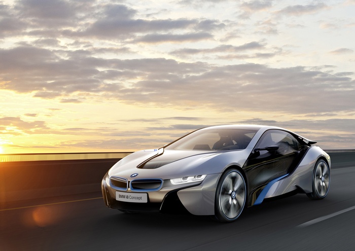 BMW i8 Concept car driving at sunset