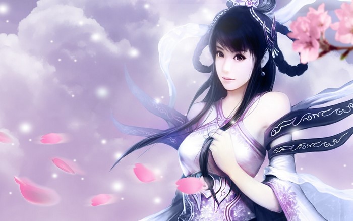 Anime girl with black hair and pink flowers