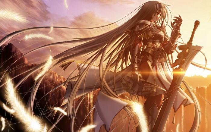 Sione, a female warrior with a sword and armor