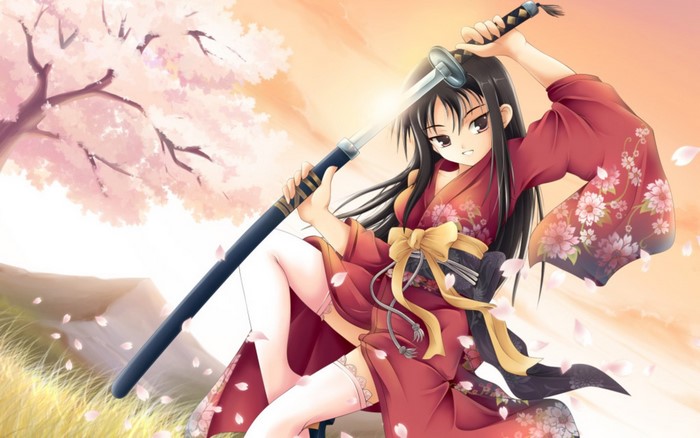Anime girl in kimono with sword under cherry blossoms