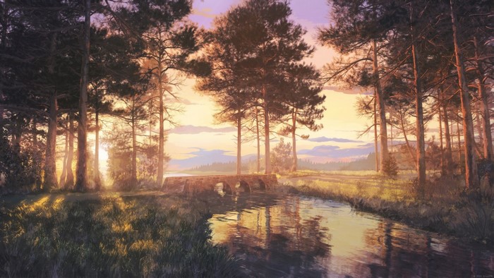 Painting of a forest landscape with a bridge over a river at sunset