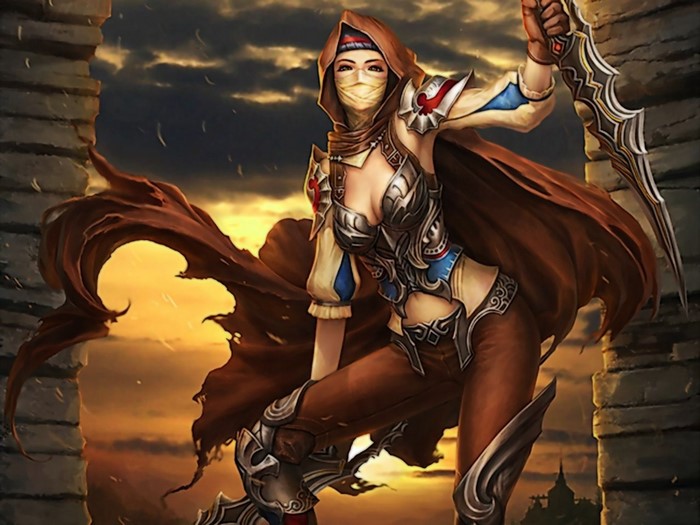 Woman warrior with a dagger at sunset