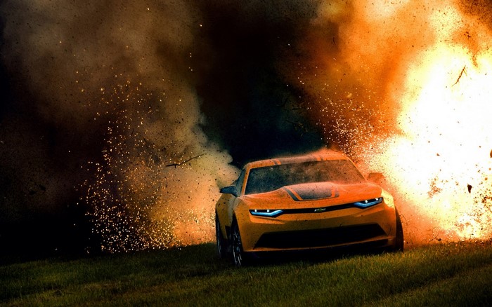 Yellow Chevrolet Camaro in explosion