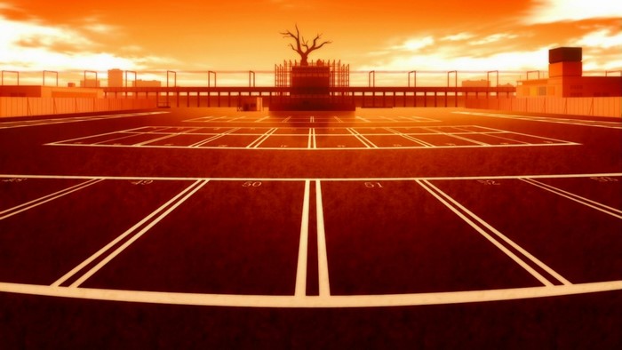 Monogatari Series anime stadium with a dead tree