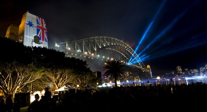 Sydney Harbour Bridge illuminated with Australian flag projection