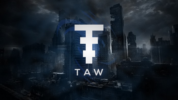 TAW logo over ruined cityscape