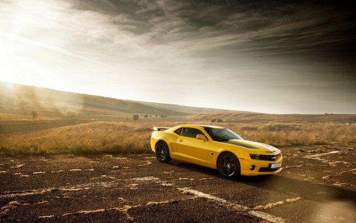 Yellow Chevrolet Camaro in a dry field