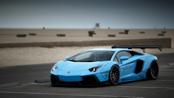 Blue LB Works Lamborghini Aventador with large rear wing