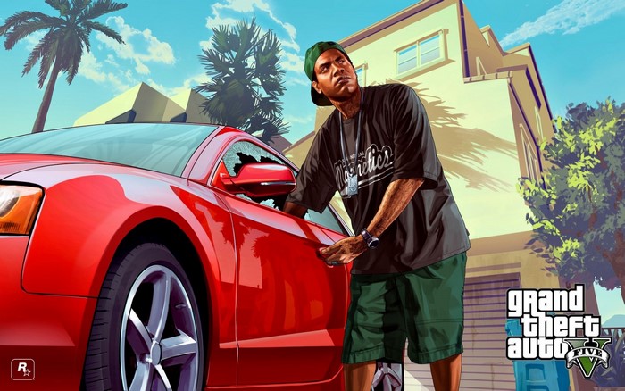 Franklin Clinton from Grand Theft Auto V with a red car