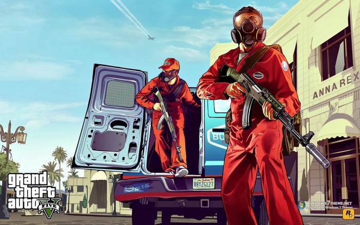 Grand Theft Auto V characters in red suits with gas masks