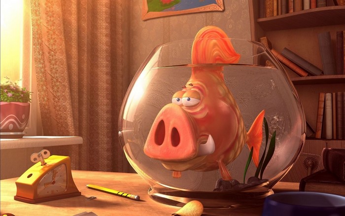 Cartoon pig fish in a fishbowl on a desk