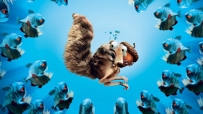 Scrat from Ice Age surrounded by piranhas underwater